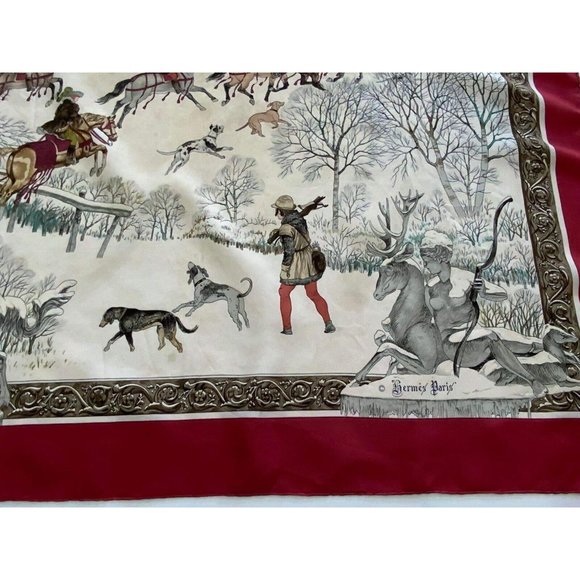 HERMÈS PARIS "L'hiver"By Ledoux Red Horses Snow Hunting Scarf SQR 34’’GD COND - Picture 6 of 9